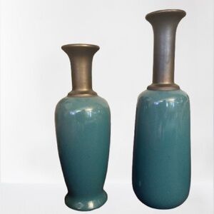 16.5” and 14” Blue Green Gold Ceramic Tabletop Vase Rustic Farmhouse Decor